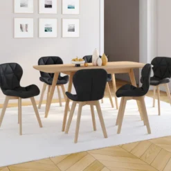 Lot de 6 chaises modernes en PU noir pieds en bois pour salle à manger design