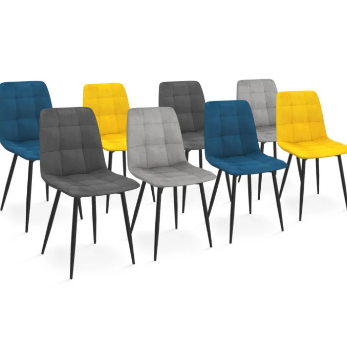 Lot de 8 chaises modernes en velours bleu, gris et jaune, avec pieds en métal noir