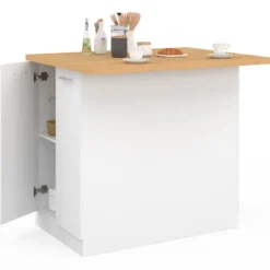 Îlot de cuisine blanc et plateau façon hêtre 100 cm