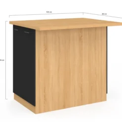 Îlot de cuisine imitation hêtre avec 4 portes noires 100 cm