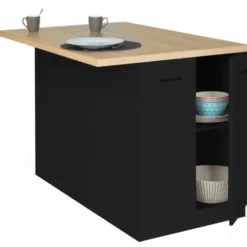 Îlot de cuisine noir et plateau façon hêtre 120 cm