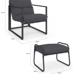 Lot de 2 fauteuils de jardin avec repose pieds gris coussin gris anthracite