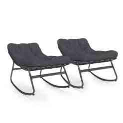 Lot de 2 fauteuils de jardin à bascule métal gris anthracite avec coussins