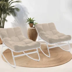 Lot de 2 fauteuils de jardin à bascule blanc coussin beige