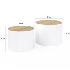 Lot de 2 tables basses cylindres gigognes bois et blanc