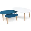 Lot de 3 tables basses de salon gigognes scandinaves laquées blanches et bleues