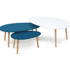 Lot de 3 tables basses de salon gigognes scandinaves laquées blanches et bleues