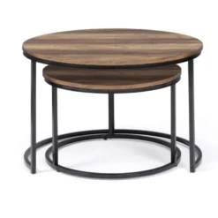 Lot de 2 tables basses gigognes rondes bois foncé et métal