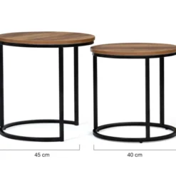 Lot de 2 tables basses gigognes rondes style industriel bois foncé