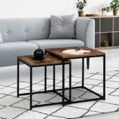 Lot de 2 tables basses gigognes industrielles effet bois vieilli