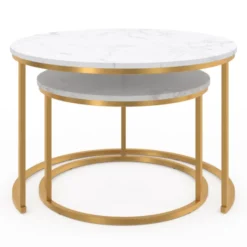 Lot de 2 tables basses gigognes rondes effet marbre et doré