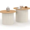 Lot de 2 tables basses gigognes rondes 40/45 effet cannelé beige et plateau bois
