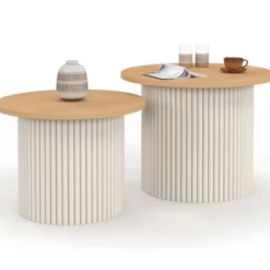 Lot de 2 tables basses gigognes rondes 40/45 effet cannelé beige et plateau bois