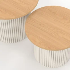 Lot de 2 tables basses gigognes rondes 40/45 effet cannelé beige et plateau bois