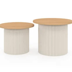 Lot de 2 tables basses gigognes rondes 40/45 effet cannelé beige et plateau bois