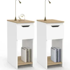 Lot de tables de chevet blanc et bois