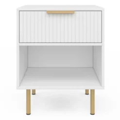 Lot de 2 tables de chevet bois blanc avec 1 tiroir lattes tasseau, une niche et pieds doré
