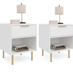 Lot de 2 tables de chevet bois blanc avec 1 tiroir lattes tasseau, une niche et pieds doré
