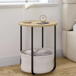 Lot de 2 tables de chevet, d'appoint, bout de canapé rondes avec panier en tissu