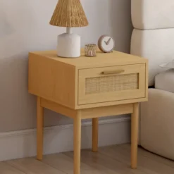lot de 2 tables de chevet en bois cannage effet naturel avec 1 tiroir