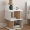 Lot de 2 tables de chevet forme S avec rangements ouverts blanc et effet hêtre