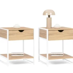 Lot de 2 tables de chevet métal blanc et bois