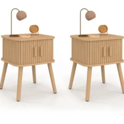 Lot de 2 tables de chevet 2 portes coulissantes lattes tasseaux bois coloris chêne