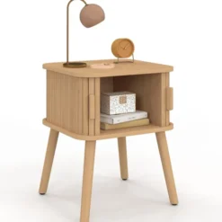 Lot de 2 tables de chevet 2 portes coulissantes lattes tasseaux bois coloris chêne