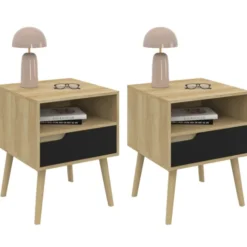 Lot de 2 tables de chevet scandinaves avec tiroir bois effet hêtre et noir