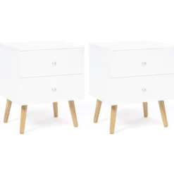 Lot de 2 tables de chevet scandinaves bois et blanc 2 tiroirs