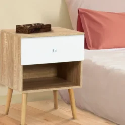 Lot de 2 tables de chevet scandinaves hêtre et blanc 1 tiroir