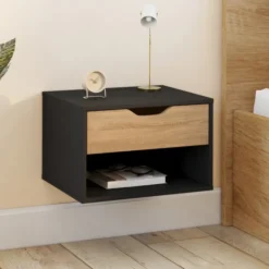 Lot de 2 tables de chevet suspendues 1 tiroir avec niche en bois façon hêtre et noir
