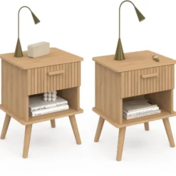 Lot de 2 tables de chevet tasseau bois coloris chêne avec 1 niche et 1 tiroir