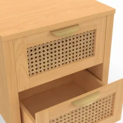 Lot de 2 tables de chevet 2 tiroirs cannage et bois