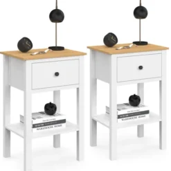 Lot de 2 tables de chevet 1 tiroir et 1 tablette blanc et plateau bois