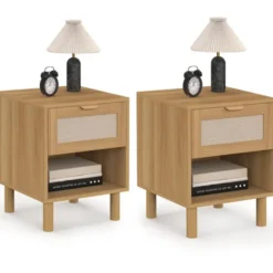 Lot de 2 tables de chevet 1 tiroir avec niche bois et effet lin