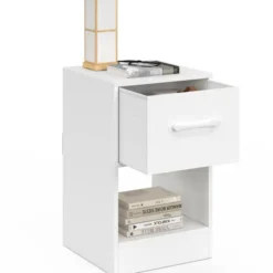 Lot de 2 tables de chevet 1 tiroir en tissu avec niche bois blanc