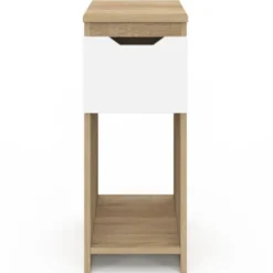 Lot de 2 tables de chevet étroites 1 tiroir avec niche bois façon hêtre et blanc