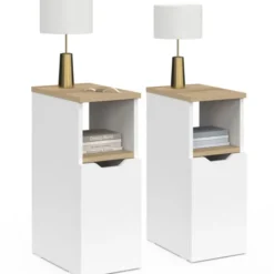 Lot de 2 tables de chevet étroites bois et blanc 1 porte avec niche