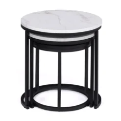 Lot de 3 tables gigognes rondes effet marbre et bois noir 35/40/45 cm