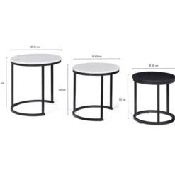 Lot de 3 tables gigognes rondes effet marbre et bois noir 35/40/45 cm