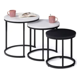 Lot de 3 tables gigognes rondes effet marbre et bois noir 35/40/45 cm