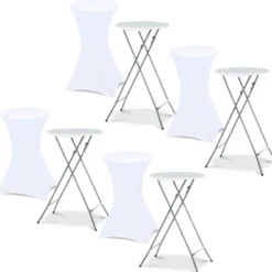 Lot de 4 tables hautes pliantes d’extérieur + housses blanches