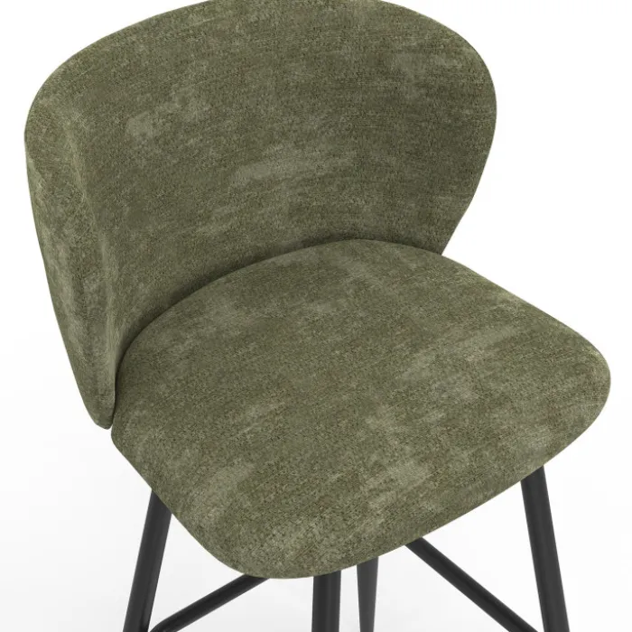 Lot de 4 tabourets de bar assise en chenille vert kaki et pieds en métal noir