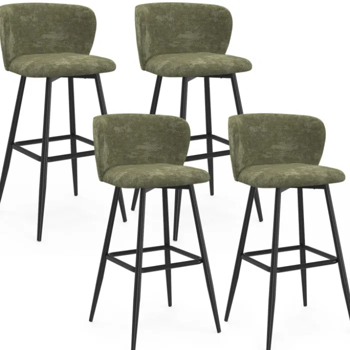 Lot de 4 tabourets de bar assise en chenille vert kaki et pieds en métal noir