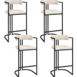 Lot de 4 tabourets de bar RONDY en tissu chenille écru avec accoudoirs et pieds en métal noir