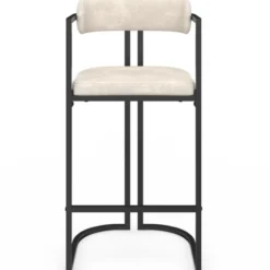 Lot de 4 tabourets de bar RONDY en tissu chenille écru avec accoudoirs et pieds en métal noir