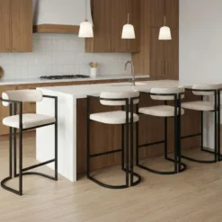 Lot de 4 tabourets de bar RONDY en tissu chenille écru avec accoudoirs et pieds en métal noir