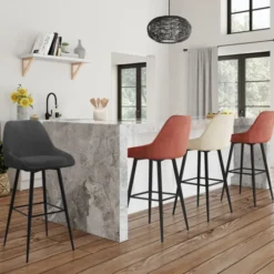Lot de 4 tabourets de bar THALYA en velours mix color gris foncé, terracotta x2, beige avec demi-accoudoirs