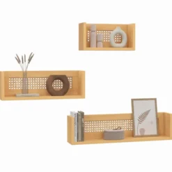 Lot de 3 étagères murales bois et cannage 60/45/30 cm